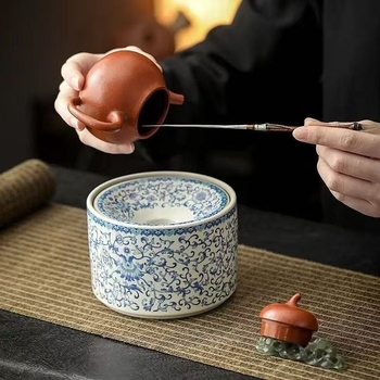 Cenușar ceramic cu capac, formă de pâlnie, pentru resturi de ceai, model albastru-alb, pentru uz casnic