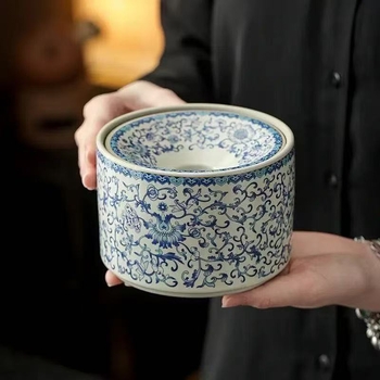 Cenușar ceramic cu capac, formă de pâlnie, pentru resturi de ceai, model albastru-alb, pentru uz casnic