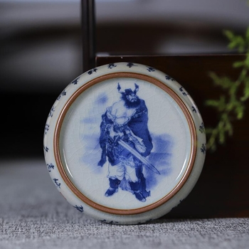 Tava antică de ceai Jingdezhen, cu capac și suport pentru ceașcă, ornament Zhong Kui pentru ceremonia ceaiului, rotund, design deschizător
