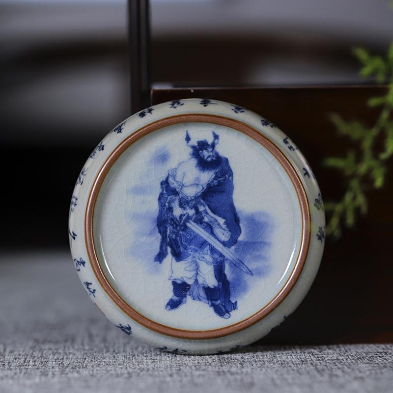 Tava antică de ceai Jingdezhen, cu capac și suport pentru ceașcă, ornament Zhong Kui pentru ceremonia ceaiului, rotund, design deschizător