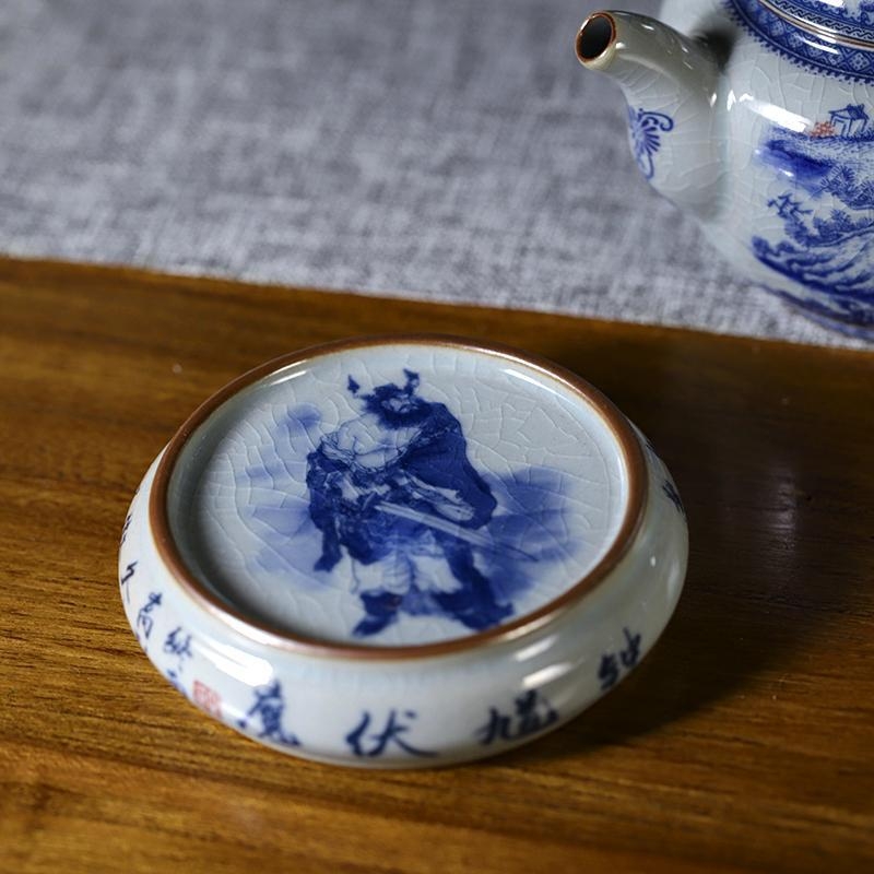 Tava antică de ceai Jingdezhen, cu capac și suport pentru ceașcă, ornament Zhong Kui pentru ceremonia ceaiului, rotund, design deschizător
