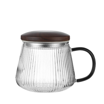 Cească de ceai din sticlă borosilicată, cu model cu dungi verticale, 400 ml, set din trei piese, capac din lemn și inserție interioară