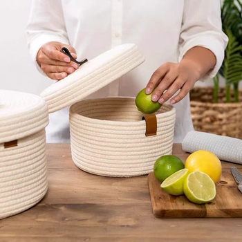 Cutie rotundă din material țesut, cu capac, pentru birou sau hol, pentru gustări, cosmetică și chei