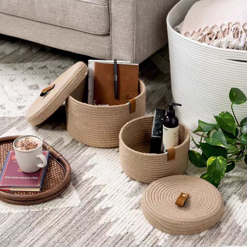 Cutie rotundă din material țesut, cu capac, pentru birou sau hol, pentru gustări, cosmetică și chei