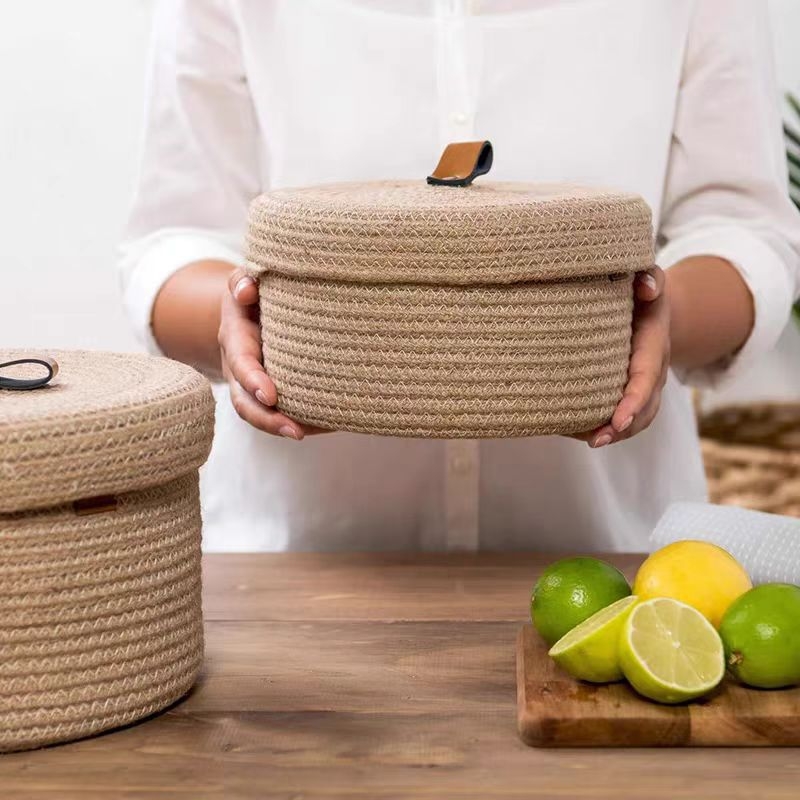 Cutie rotundă din material țesut, cu capac, pentru birou sau hol, pentru gustări, cosmetică și chei