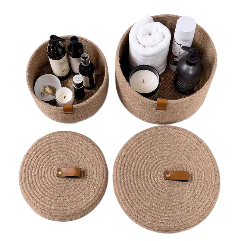 Cutie rotundă din material țesut, cu capac, pentru birou sau hol, pentru gustări, cosmetică și chei