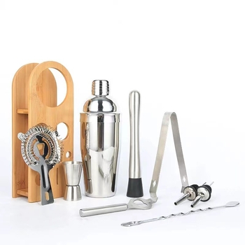 Set de 10 piese pentru cocktailuri cu raft din lemn pentru barul de acasă