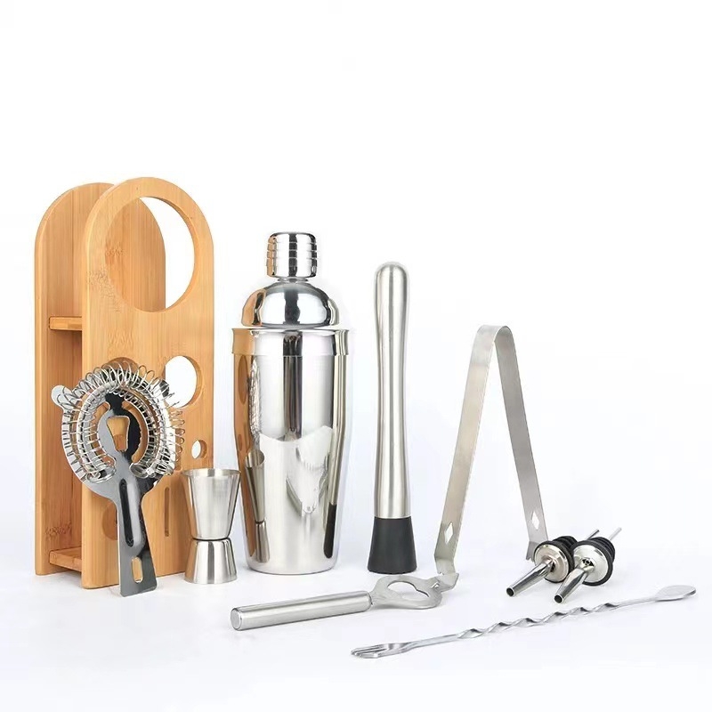 Set de 10 piese pentru cocktailuri cu raft din lemn pentru barul de acasă
