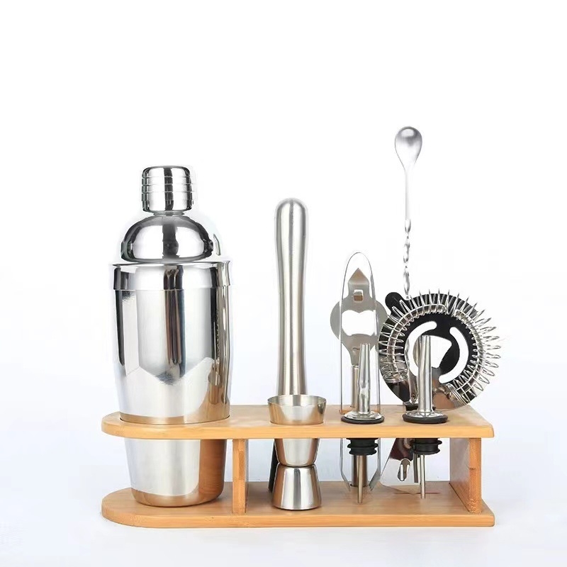 Set de 10 piese pentru cocktailuri cu raft din lemn pentru barul de acasă
