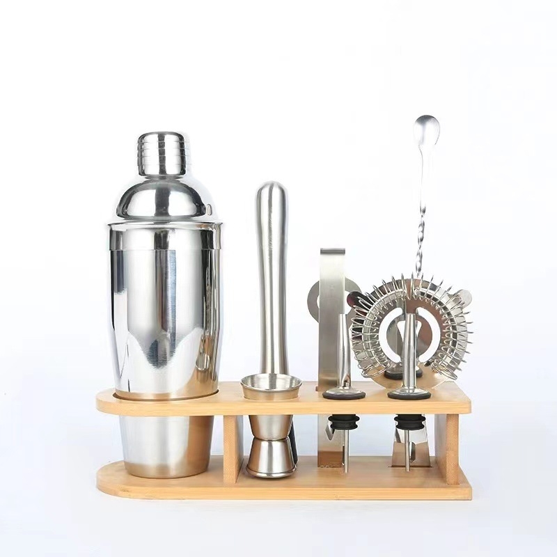 Set de 10 piese pentru cocktailuri cu raft din lemn pentru barul de acasă