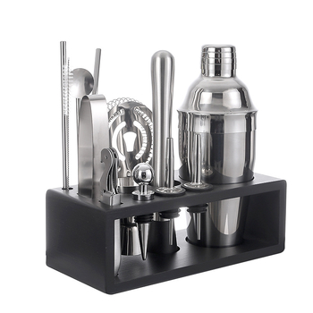 Set de 13 piese din oțel inoxidabil pentru bar, cu suport din lemn și shaker de 550 ml
