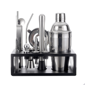 Set de 13 piese din oțel inoxidabil pentru bar, cu suport din lemn și shaker de 550 ml