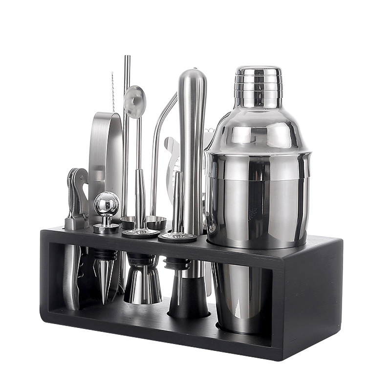 Set de 13 piese din oțel inoxidabil pentru bar, cu suport din lemn și shaker de 550 ml