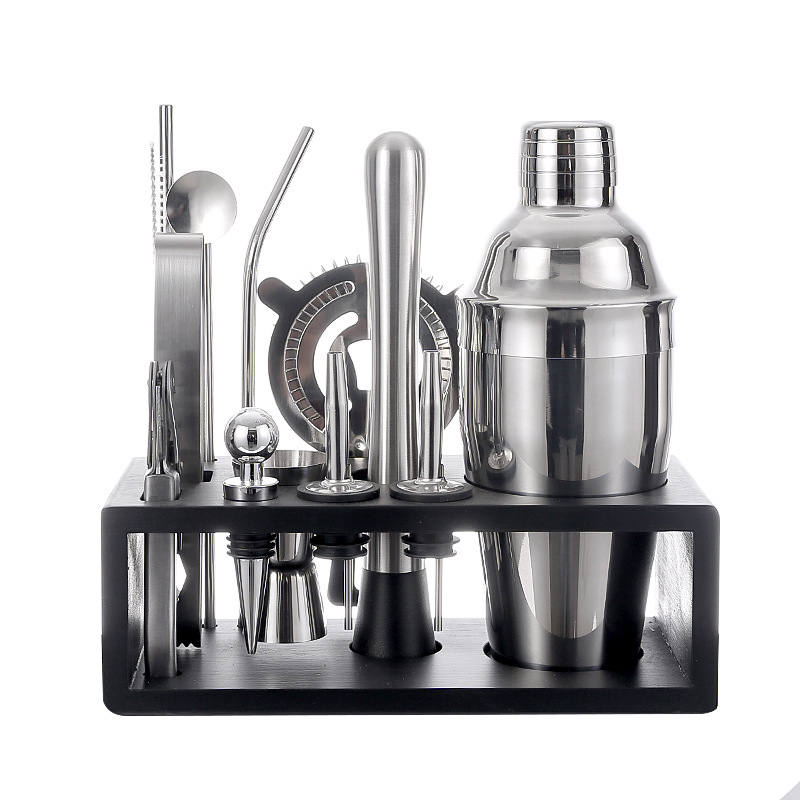 Set de 13 piese din oțel inoxidabil pentru bar, cu suport din lemn și shaker de 550 ml