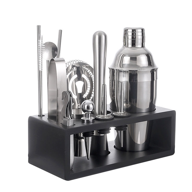 Set de 13 piese din oțel inoxidabil pentru bar, cu suport din lemn și shaker de 550 ml