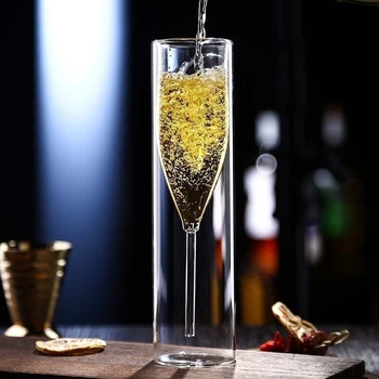 Pahar dublu din sticlă pentru șampanie și vin, stil european-american, cu picior înalt, pentru cocktailuri
