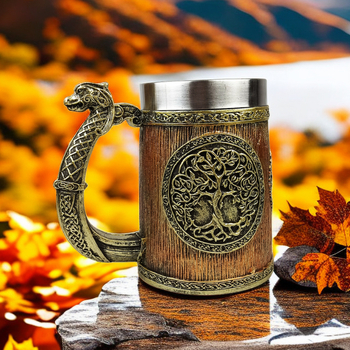 Cană din oțel inoxidabil World Tree – capacitate mare, pentru bere și cafea, temă mitologie occidentală