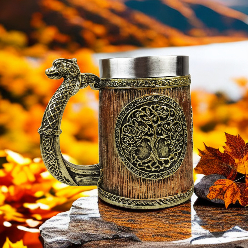 Cană din oțel inoxidabil World Tree – capacitate mare, pentru bere și cafea, temă mitologie occidentală