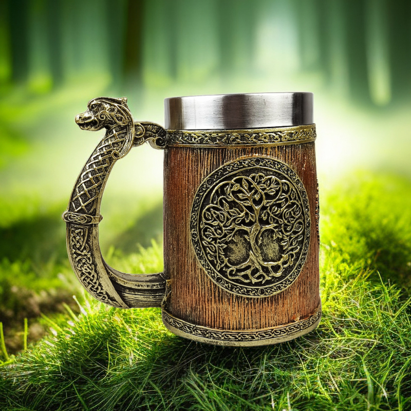 Cană din oțel inoxidabil World Tree – capacitate mare, pentru bere și cafea, temă mitologie occidentală