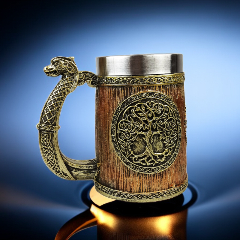 Cană din oțel inoxidabil World Tree – capacitate mare, pentru bere și cafea, temă mitologie occidentală