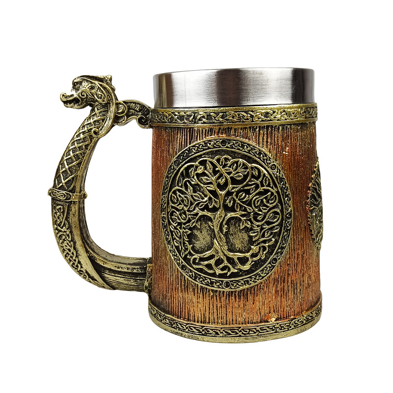 Cană din oțel inoxidabil World Tree – capacitate mare, pentru bere și cafea, temă mitologie occidentală