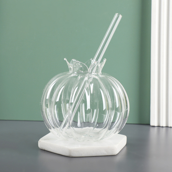 Pahar de sticlă pentru sucuri cu pai, transparent, design floare de rodie