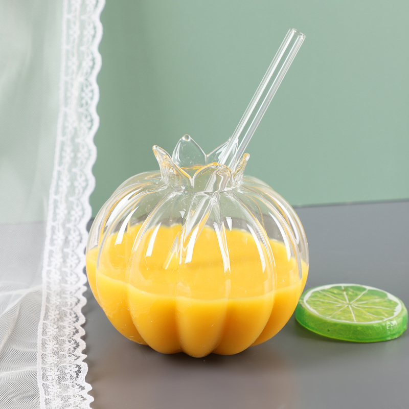 Pahar de sticlă pentru sucuri cu pai, transparent, design floare de rodie