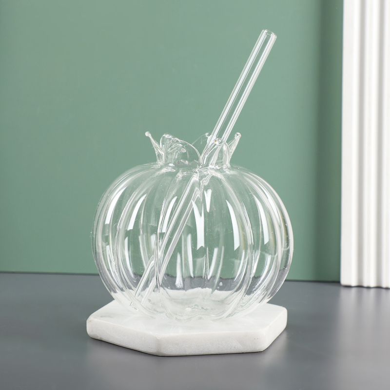 Pahar de sticlă pentru sucuri cu pai, transparent, design floare de rodie