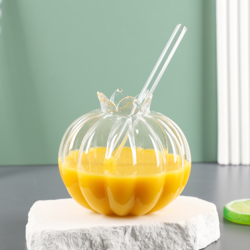 Pahar de sticlă pentru sucuri cu pai, transparent, design floare de rodie