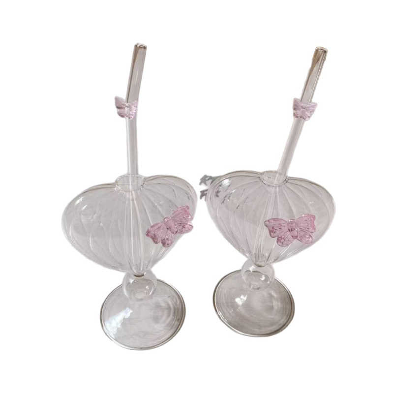 Pahar de cocktail în formă de inimă cu fluture, cu pai, înalt, pentru cocktailuri și sucuri