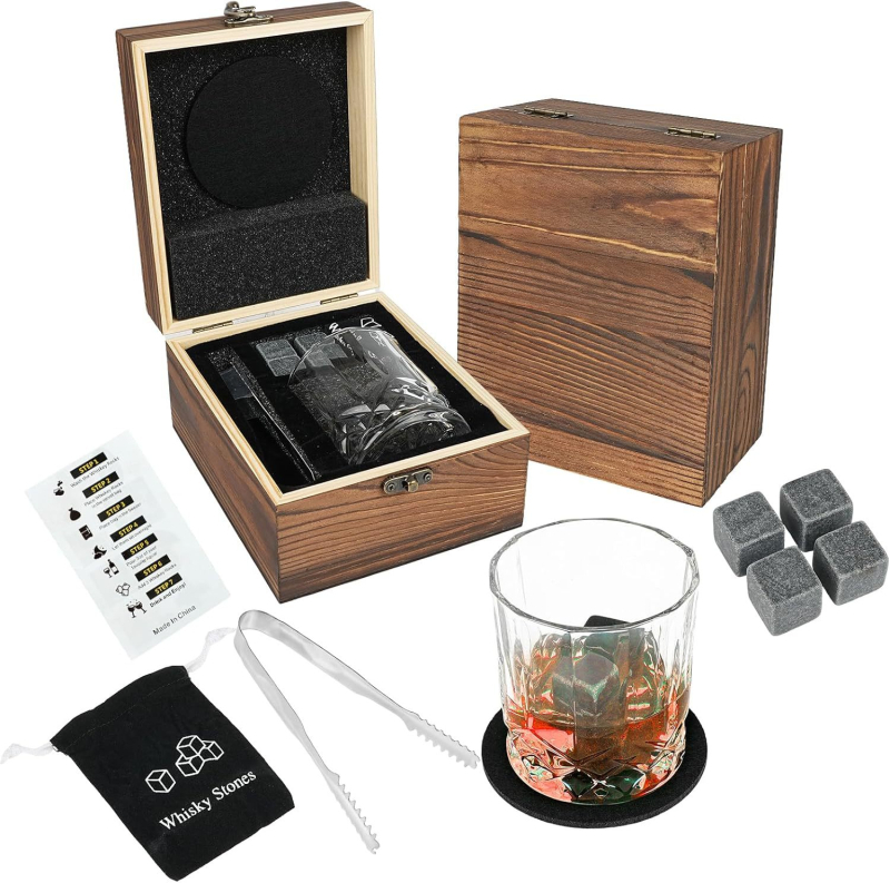 Pietre pentru whisky, cuburi de gheata și pietre pentru vinul Ice – set pentru o singură ceașcă, cutie din lemn