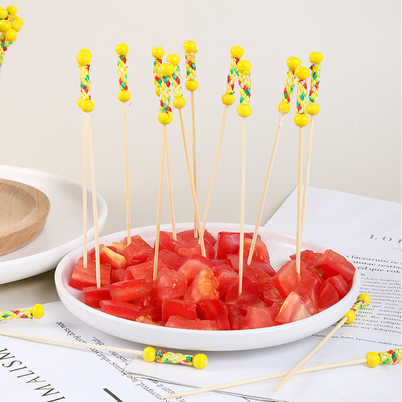 Bețe roșii de fructe cu două mărgele, set 100 buc., bambus, bețe cu flori, furculițe pentru fructe, bețișoare creative, bețișoare pentru vin
