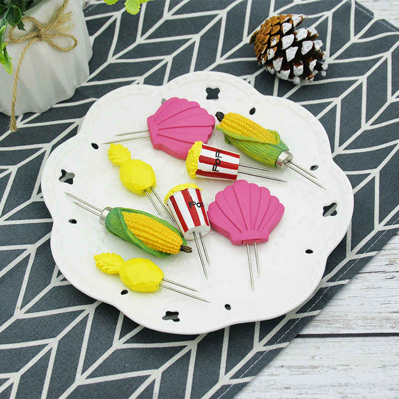 Set de 4 perechi de furculițe din oțel inoxidabil pentru porumb, cu design desen animat, furculițe de fructe în stil european și bețișoare pentru fructe, bețe pentru grătar porumb