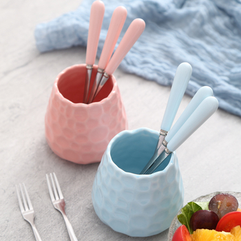 Set de furculițe mici cu mâner ceramic din oțel inoxidabil, incluzând furculițe pentru fructe, furculiță pentru pepene, lingură de cafea și recipient de depozitare elegant