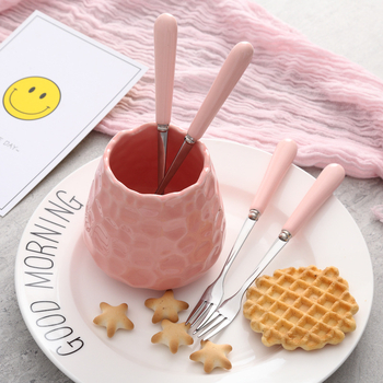 Set de furculițe mici cu mâner ceramic din oțel inoxidabil, incluzând furculițe pentru fructe, furculiță pentru pepene, lingură de cafea și recipient de depozitare elegant