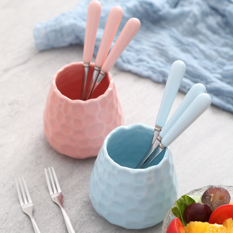 Set de furculițe mici cu mâner ceramic din oțel inoxidabil, incluzând furculițe pentru fructe, furculiță pentru pepene, lingură de cafea și recipient de depozitare elegant