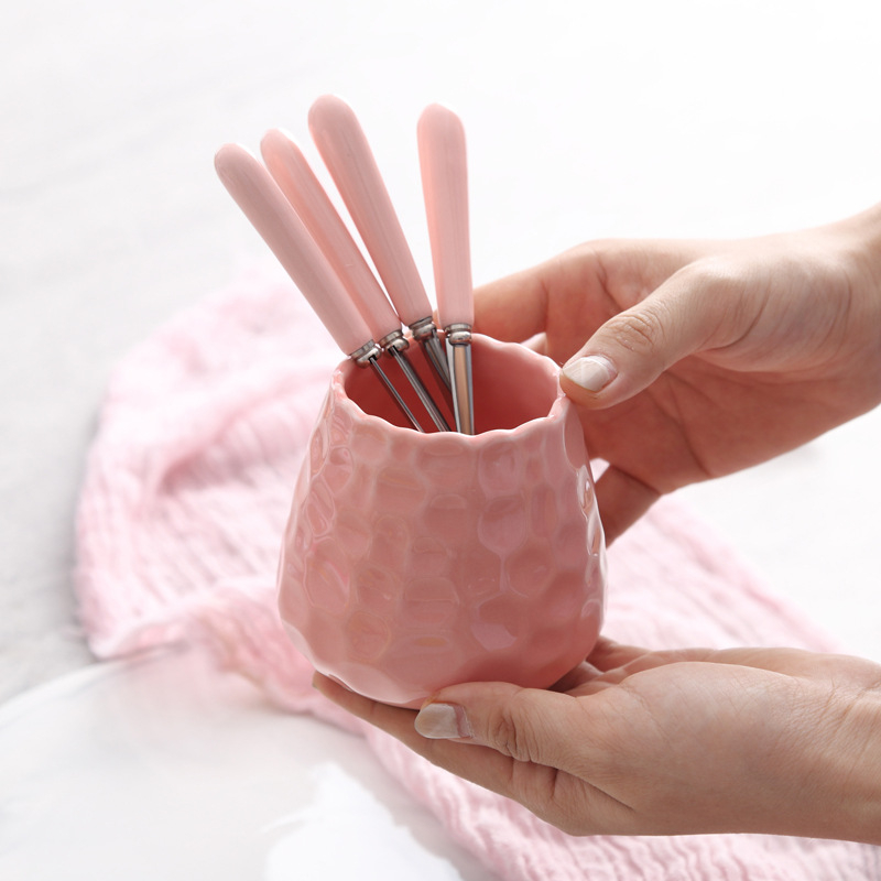 Set de furculițe mici cu mâner ceramic din oțel inoxidabil, incluzând furculițe pentru fructe, furculiță pentru pepene, lingură de cafea și recipient de depozitare elegant