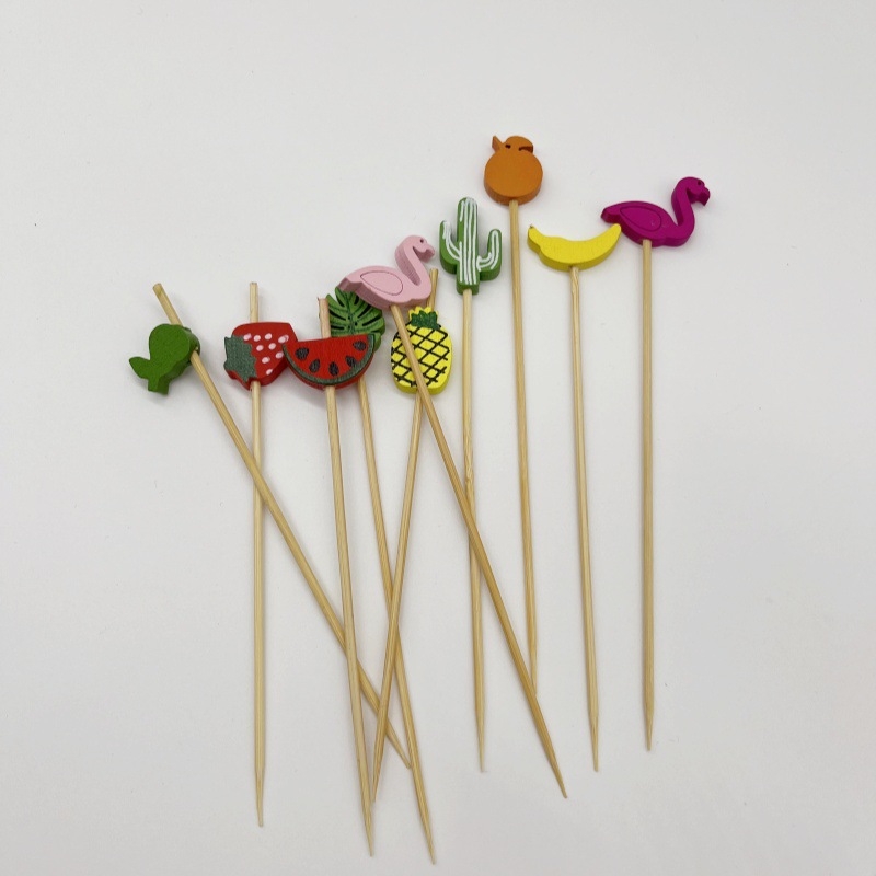 Bețișoare de fructe din bambus, de unică folosință – bețișoare cu flori, furculițe pentru fructe, scobitori, bețișoare pentru cocktail, pentru sandvișuri și inserții pentru prăjituri
