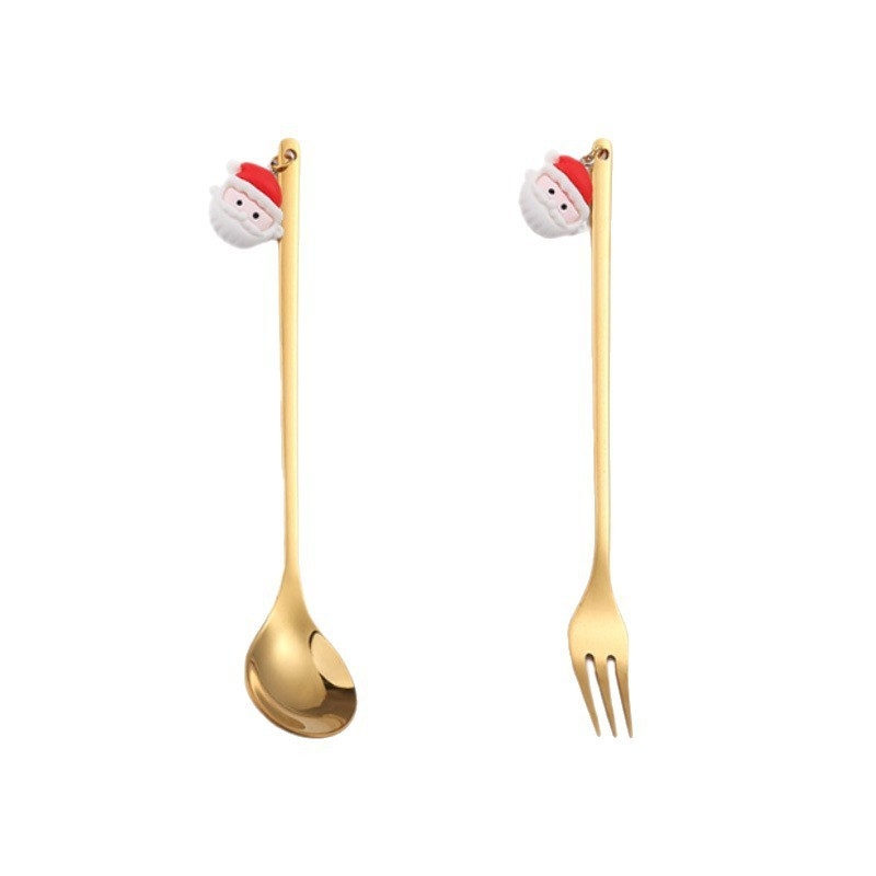 Set de tacâmuri de Crăciun din oțel inoxidabil, personalizat, cu Moș Crăciun și brad, în cutie cadou.
