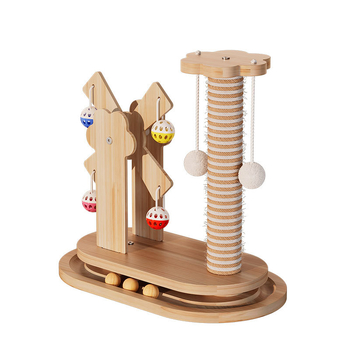 Drvena mačja igračka s rotirajućom platformom u obliku vjetrenjače, površina za grebanje, štapić za namamljivanje i stup za grebanje s kuglicom
