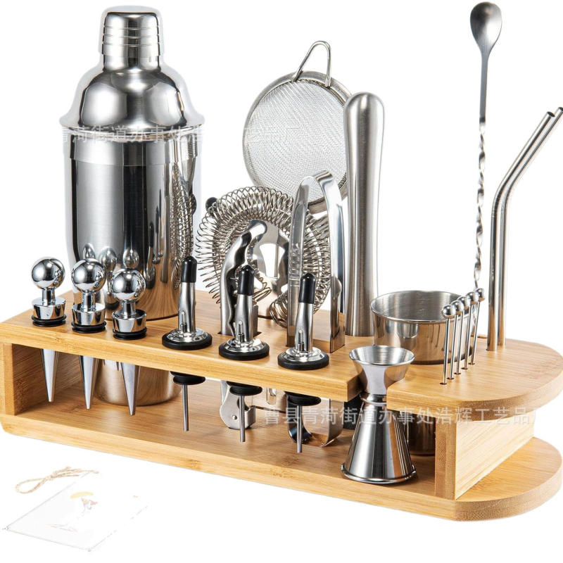 Set de cocktail din lemn, 26 piese, cu raft de depozitare