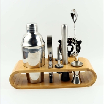 Set de unelte de bar din oțel inoxidabil, 10 piese, suport din lemn