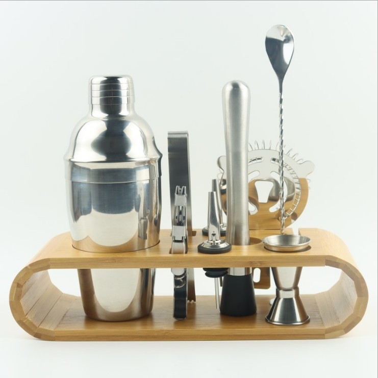 Set de unelte de bar din oțel inoxidabil, 10 piese, suport din lemn