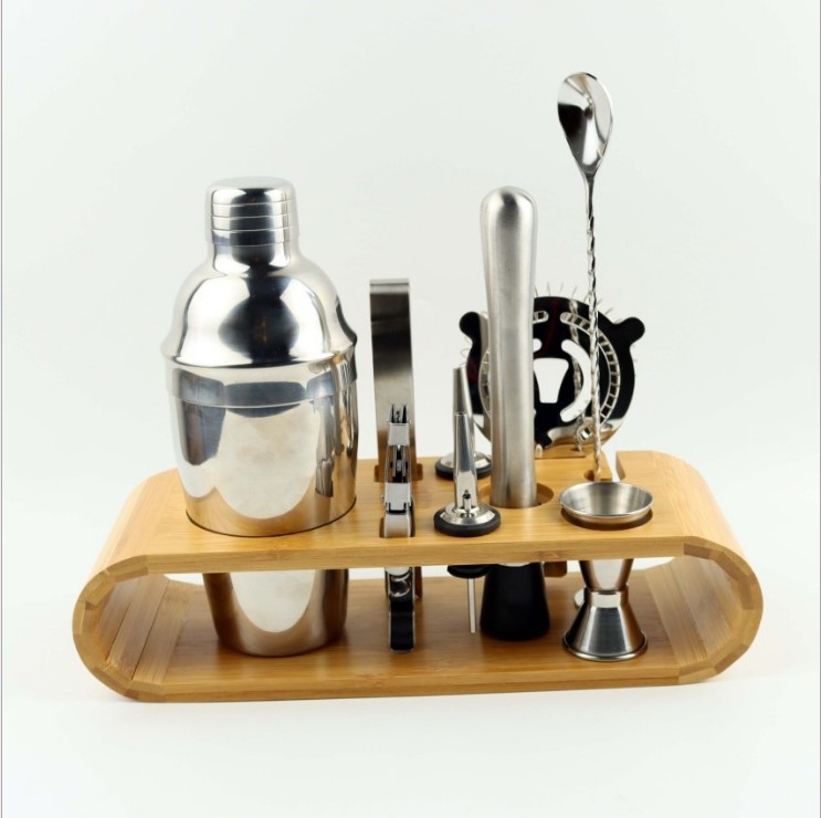 Set de unelte de bar din oțel inoxidabil, 10 piese, suport din lemn