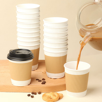 Pahar de unică folosință din hârtie ondulată, izolat, cu pereți dubli, pentru băuturi calde (cafea/ceai), pachet 25 buc.