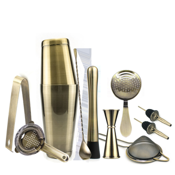 Set de shaker pentru cocktailuri din oțel inoxidabil 304, 11 piese, finisaj bronz, cu cană de măsurare, filtru pentru gheață