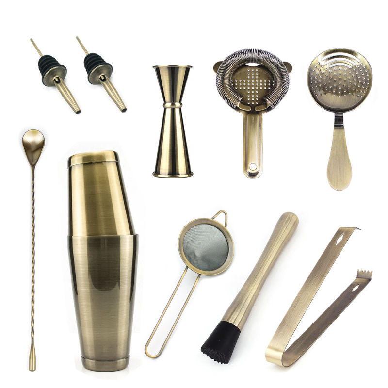 Set de shaker pentru cocktailuri din oțel inoxidabil 304, 11 piese, finisaj bronz, cu cană de măsurare, filtru pentru gheață