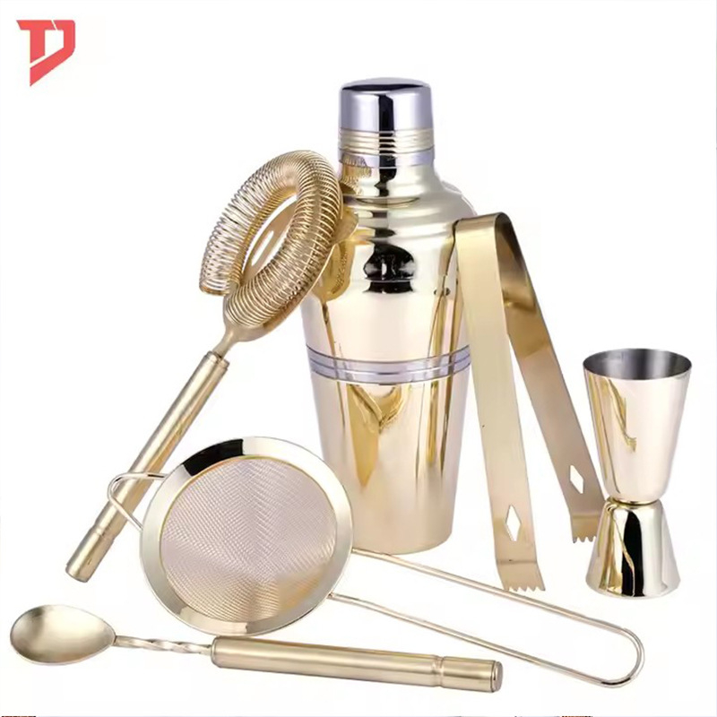 Set bar cu suport din lemn pentru cocktailuri — shaker din oțel inoxidabil și strecurător de gheață
