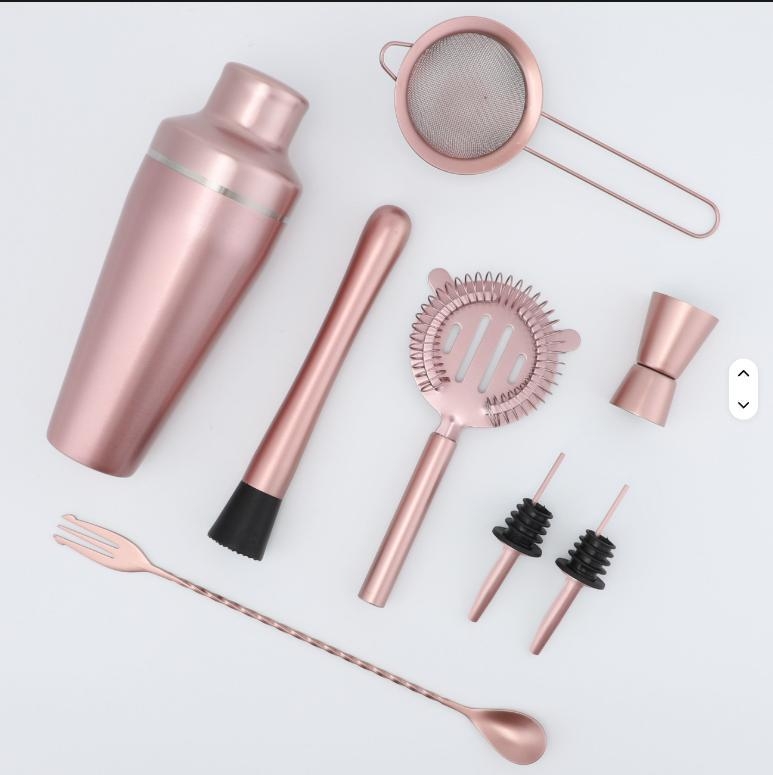 Lingură de bar din oțel inoxidabil 304, shaker pentru cocktailuri, set de bar pentru uz casnic, filtru pentru gheață roz auriu, cană de măsură 600 ml