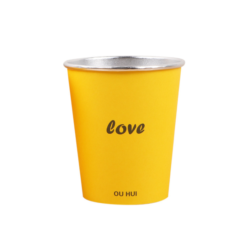 Pahar de hârtie de unică folosință, cu folie de aluminiu argintie, îngroșat, pentru camping și ceai, 245 ml, galben aprins